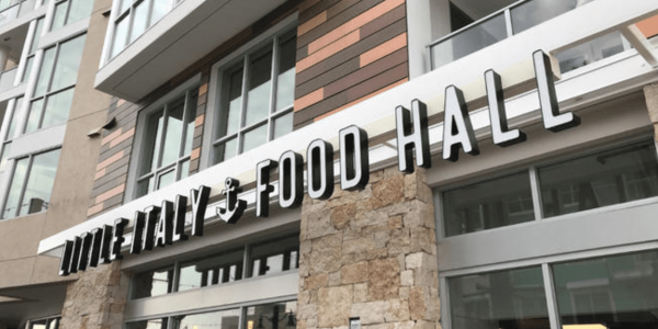 Screenshot of the exterior of Little Italy Food Hall taken by NBC 7