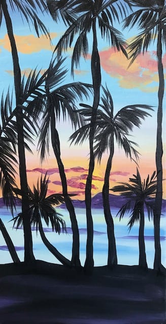 Painting of Palm Trees and ocean at sunset